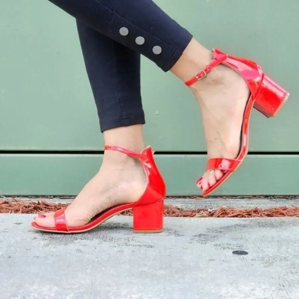 Women Ankle Straps Low Chunky Heels Sandals Red Color - Picture 3 of 5